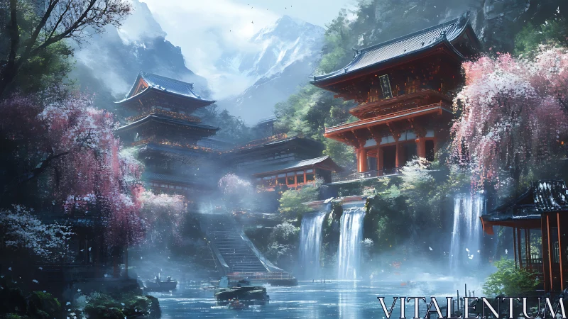 Mountain temple complex with waterfalls and cherry trees.