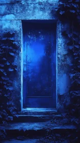 Nocturnal blue doorway isolates against decayed stone wall