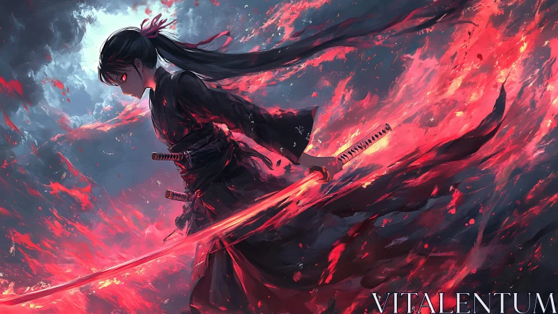 Fiery anime swordswoman cutting through storm of embers.