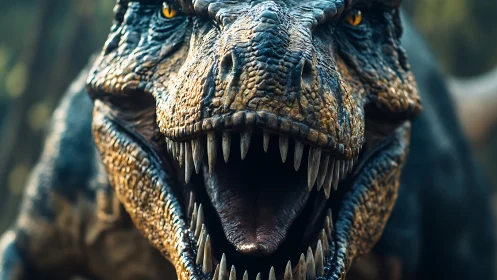 Roaring tyrannosaurus close-up with detailed jagged teeth.
