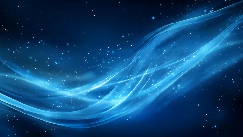 Abstract blue light waves with sparkling stars, digital art style.
