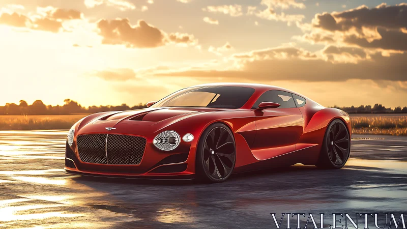 Sunlit red sports coupe glows warmly on a quiet runway