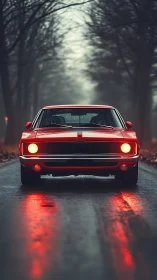 Red classic muscle car stands idling on wet forest road