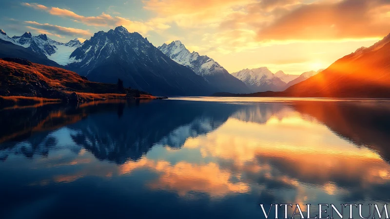 Sunset paints twin mountains on a mirror-still alpine lake