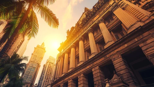 Sunlit neoclassical façade contrasts with modern towers.