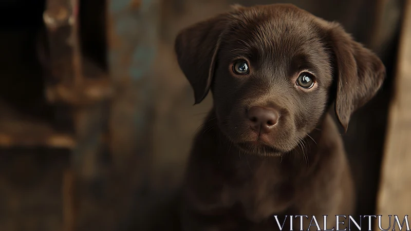 Photorealistic close-up of chocolate puppy with shallow focus.