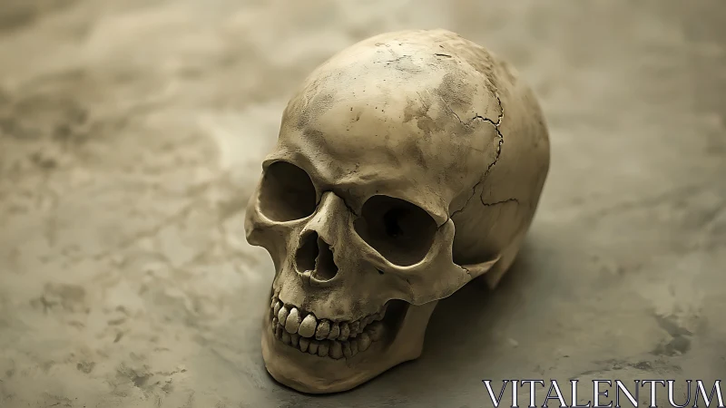 Quiet skull study on softly lit stone surface.