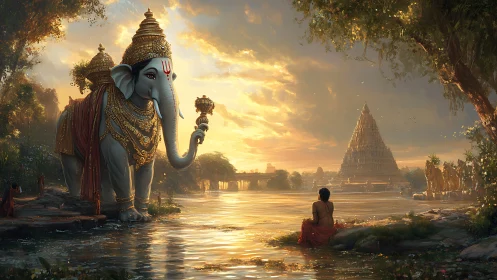 Elephant deity by riverside with distant stepped temple at dusk.