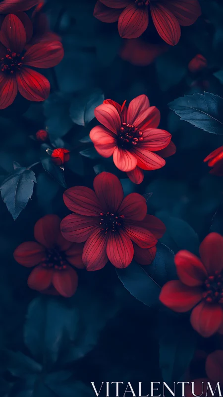 Dramatic Nocturnal Florals with Red-Blue Chiaroscuro Contrast.