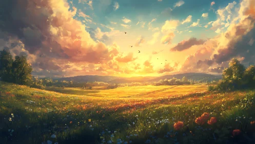 Sunlit wildflower meadow under dramatic golden sunset sky.