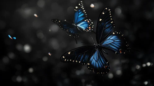 Bioluminescent blue butterflies glide through a nocturnal bokeh field