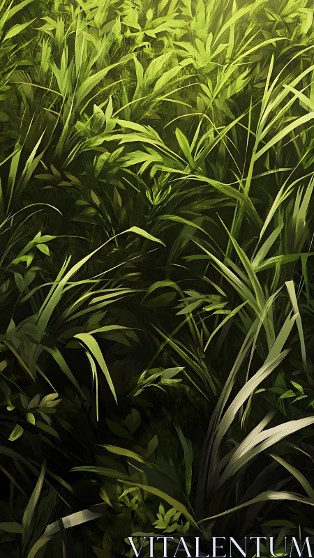 Dense backlit grass canopy rendered with layered digital brushwork