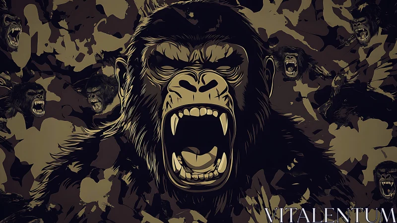 Roaring gorilla rendered in high-contrast digital vector camouflage