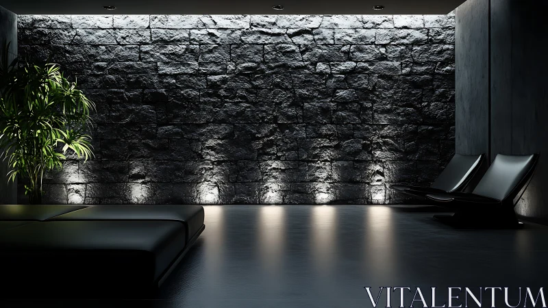 Minimalist lounge with dark stone wall and accent lighting.
