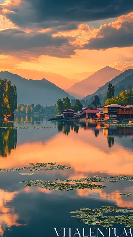 Mountain lake sunset with houses and cloud reflections.