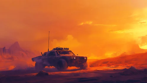 Armored desert truck cuts through burning orange dusk sands