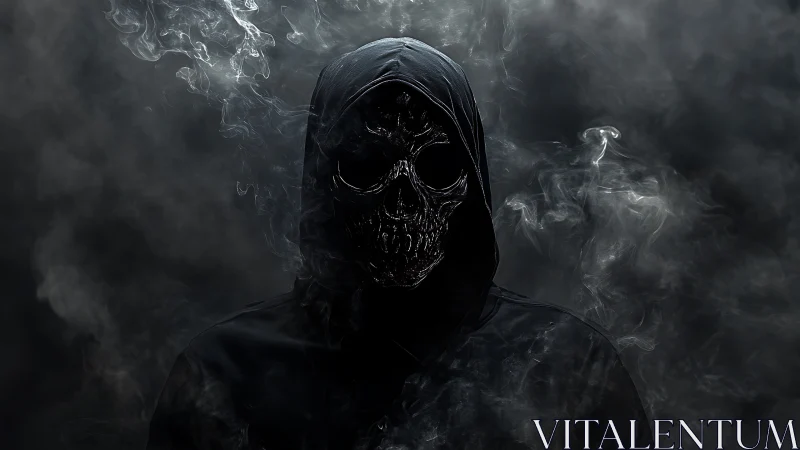 Shrouded skull figure emerges quietly from swirling dark smoke