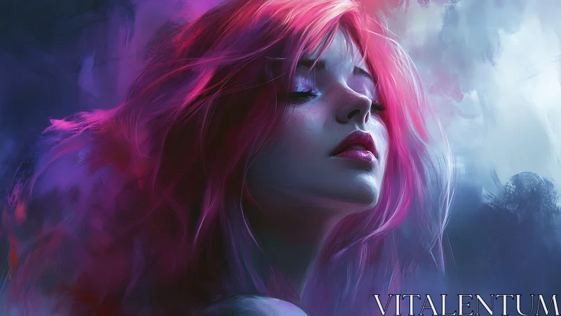 Digital portrait of woman with pink hair in soft lighting.