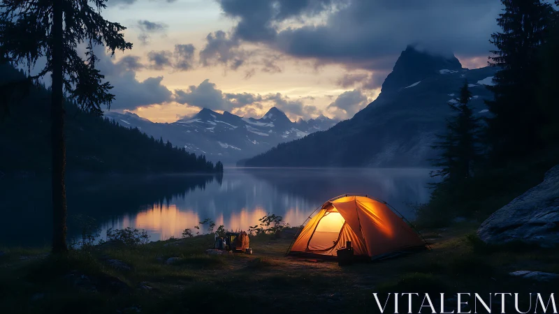 Cozy lakeside tent glowing softly beneath twilight peaks.