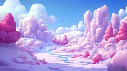 Candyfloss glaciers drift through a pastel winter dream.