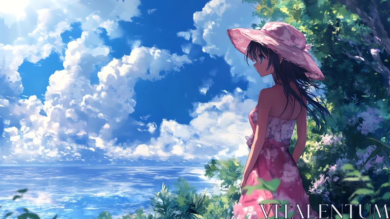 Coastal anime figure under volumetric clouds in summer light.