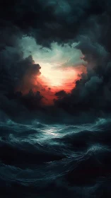 Storm-tossed ocean beneath a burning rift of light in clouds.