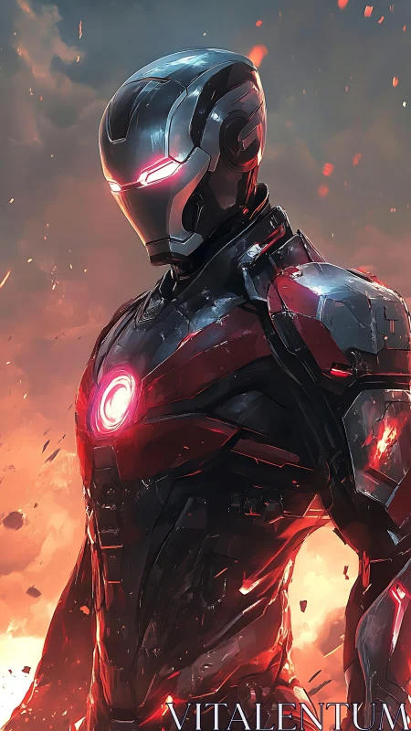 Armored flame sentinel amid embers and stormlit skies.