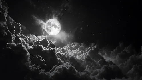 Luminous full moon emerging through sculpted storm clouds.