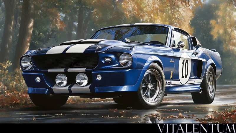 Blue racing Mustang roars down a forest road in autumn.