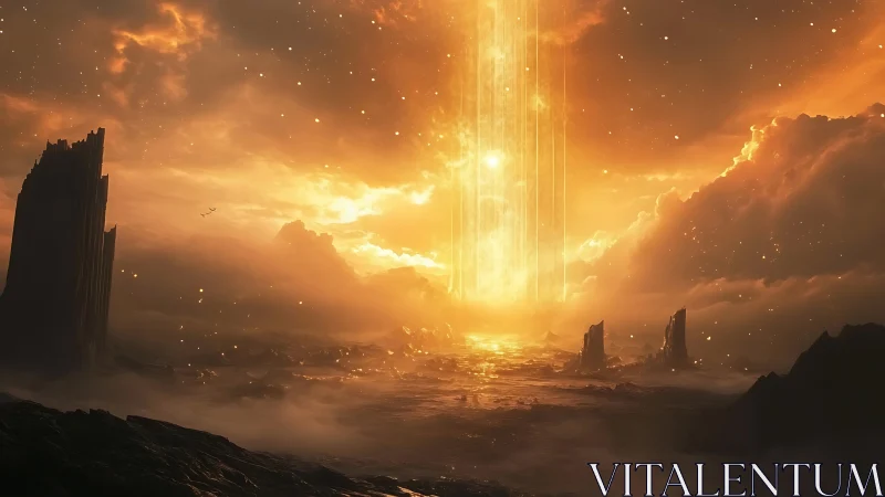 Stellar energy column over eroded alien coastline at dusk