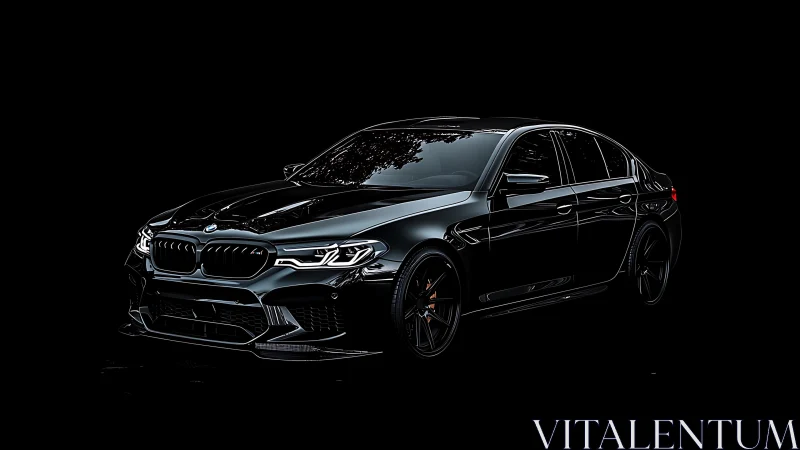 Glossy black sports sedan gleams against deep black void.