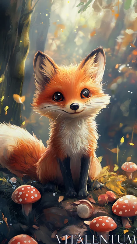 Young stylized fox among mushrooms in forest clearing.