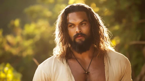 Sunlit wanderer with wild hair and tide-worn calm.