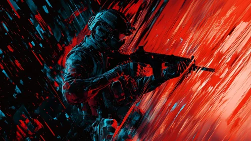 Armed soldier in abstract red and blue digital combat scene.