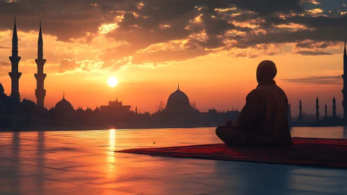 Sunrise quiets the city as a lone figure listens in stillness