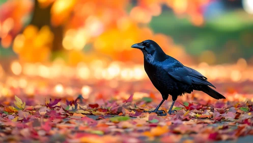 Black crow on colorful autumn leaves, vibrant nature photography.