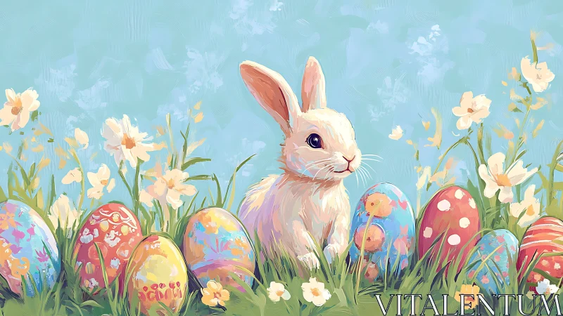 White bunny with painted Easter eggs in spring meadow.