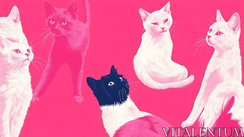 Five cats rendered in pink monochromatic vector art on bright magenta background.
