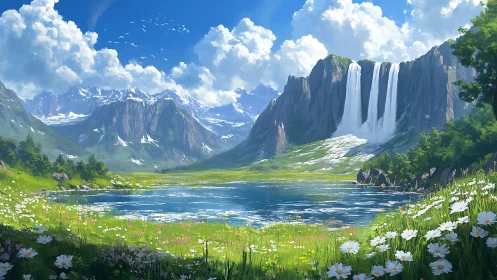 Panoramic alpine lake scene renders cascading crystalline waterfalls