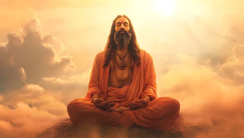 Enlightened yogi meditating in golden celestial light.