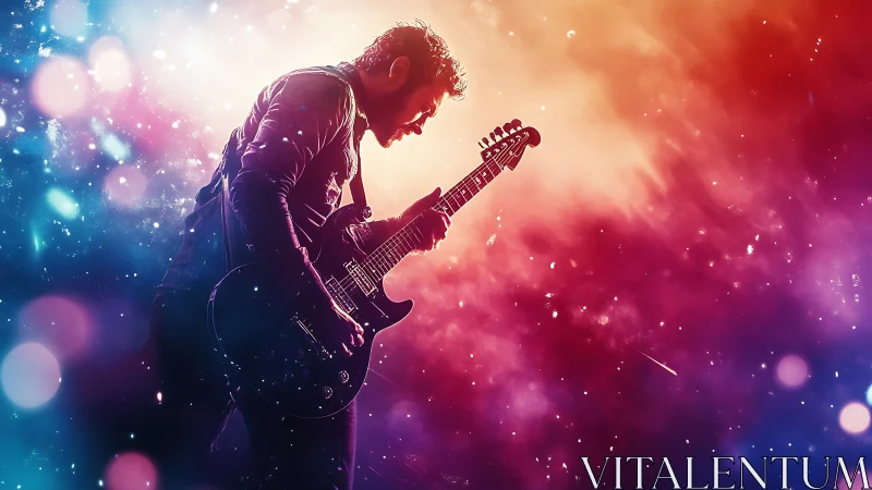 Guitarist silhouette against multicolor abstract light field.