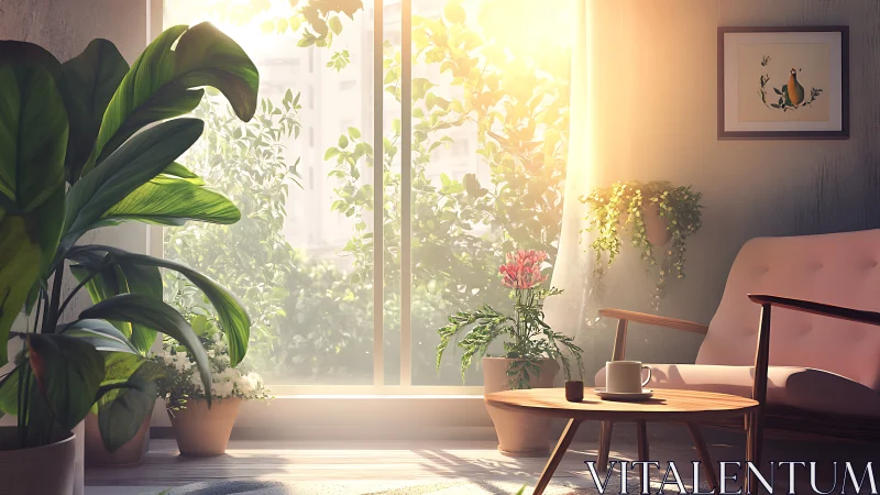 Sunlit living room plants frame tranquil morning corner.