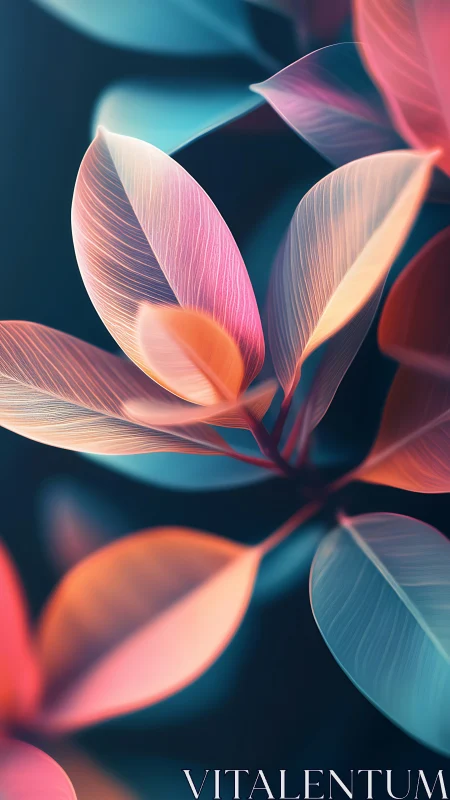 Chromatic leaf whispers in soft neon twilight glow.