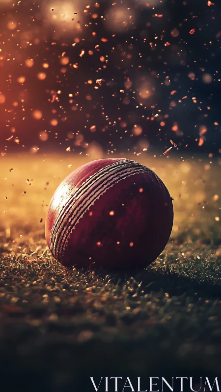 Cricket ball rests on glowing turf amid golden dust motes.