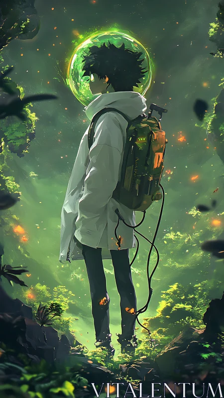 Forestbound drifter walks through neon spores and soft starlight