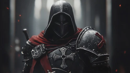 Hooded crusader knight in dark hall with red cloak.