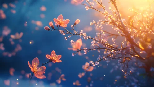 Flowering branches displaying golden orange blooms against blue atmospheric conditions.