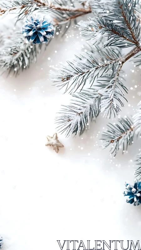 Frosted pine branches frame blue cones on bright snow