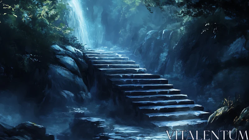 Mystic stone stairway leading into a tranquil forest glow.
