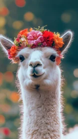 Llama portrait wears bright flower crown against soft bokeh